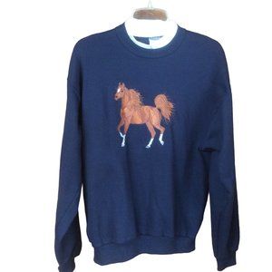 Vintage Blue Embroidered Equestrian Horse 90s Long Sleeve Sweatshirt Size Medium